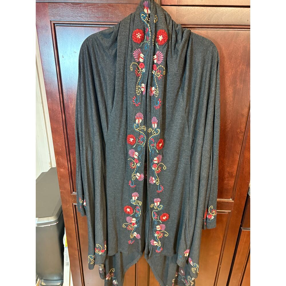 Caite Women's Gray Floral Embroidered Cardigan Duster Size 2X